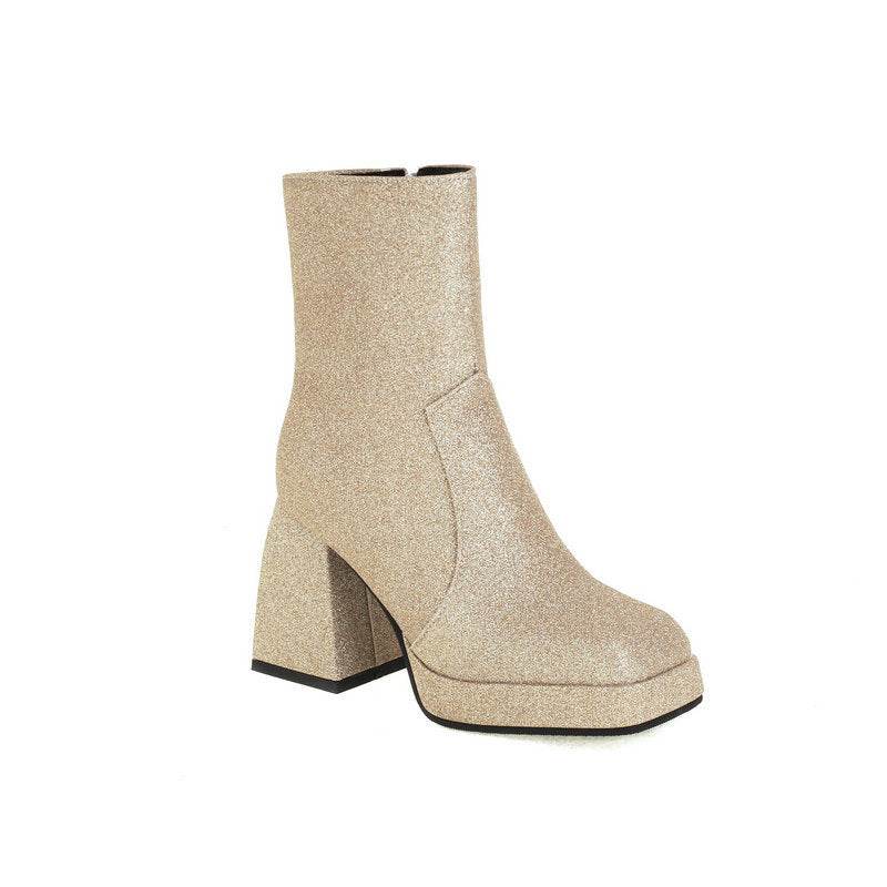 Square Toe Booties Female High Heel Martin Boots Sequin High Heels Ankle Boots - Mubimart