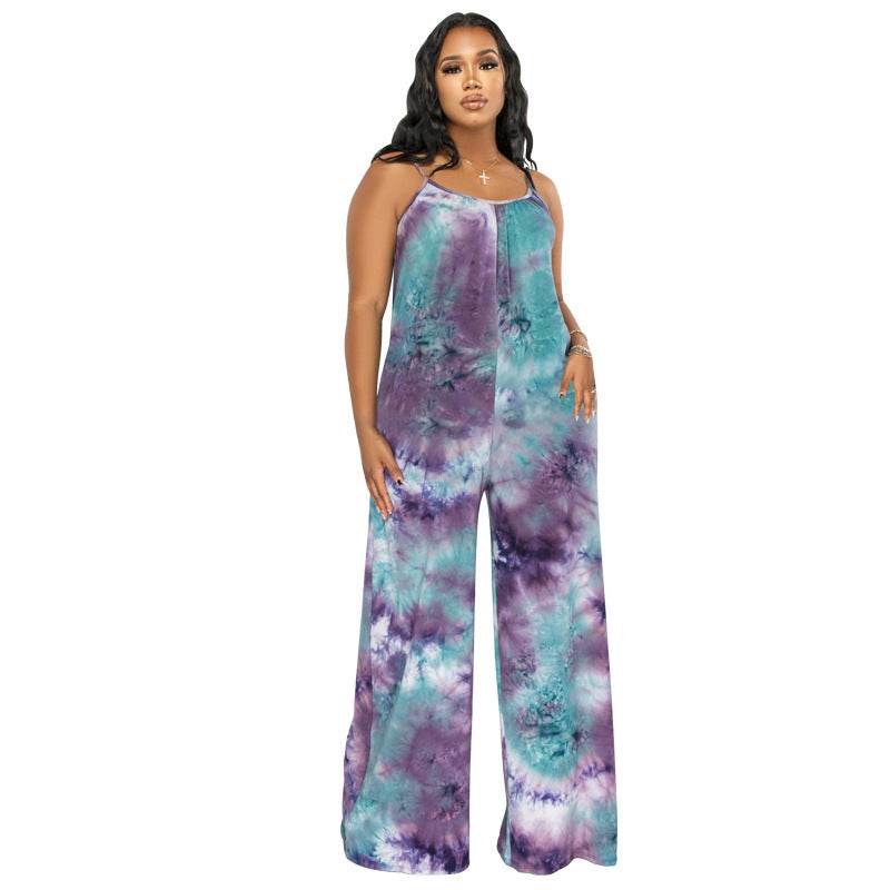 Tie-dyed Printed Sling Casual Plus Size Jumpsuit - Mubimart