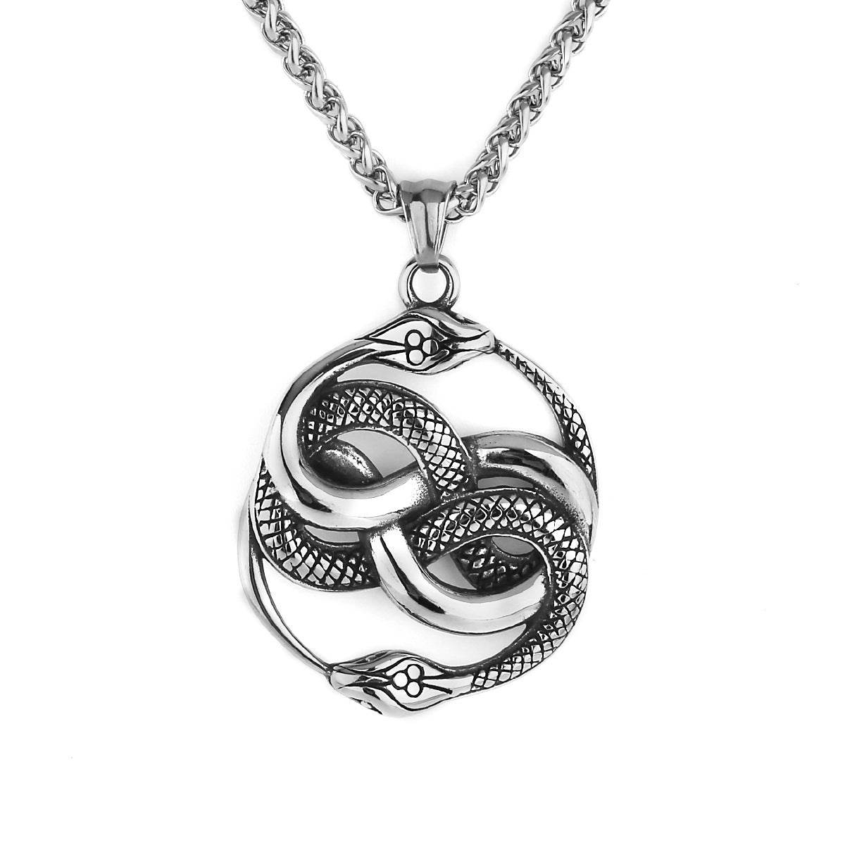 Mens Fashion Double Snake Staff Pendant Necklace - Mubimart