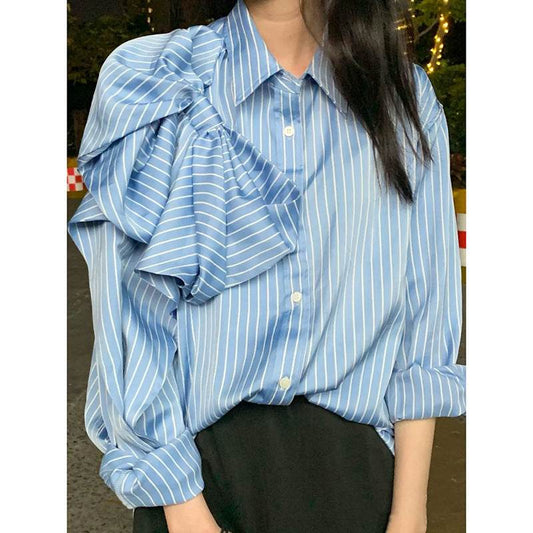 Casual Blue Striped Shirts For Women Lapel Long Sleeve Korean Bowknot Patchwork Blouses - Mubimart