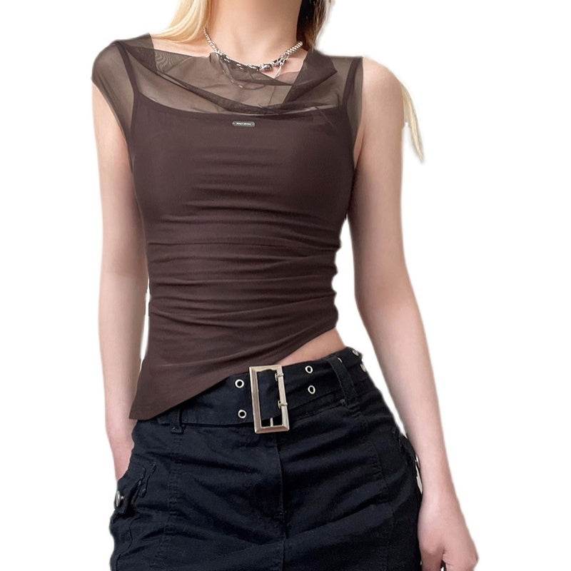 Mesh Spliced Irregular Strap Tank Top For Women - Mubimart