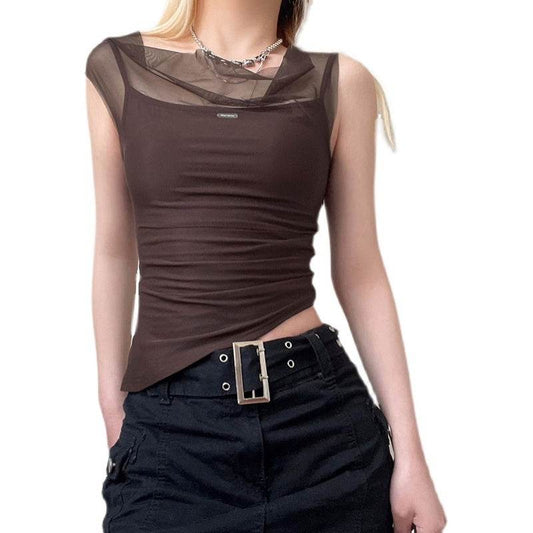 Mesh Spliced Irregular Strap Tank Top For Women - Mubimart