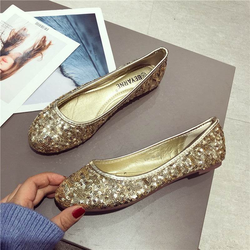 Fashion Pumps Flat Bottom Flat Heel Comfortable Sequins Shiny Pumps - Mubimart
