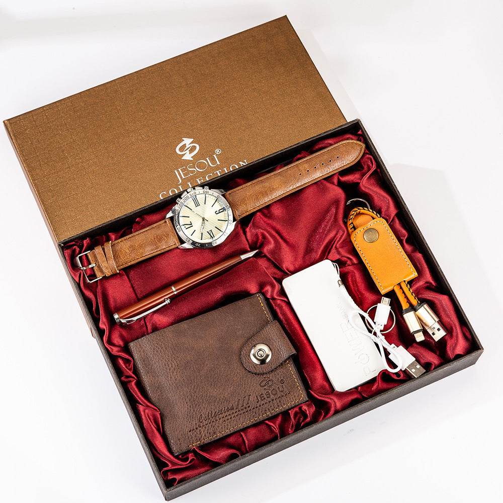 Mens Boutique Gift Set Wallet Power Bank Keychain Large Dial Quartz Watch - Mubimart