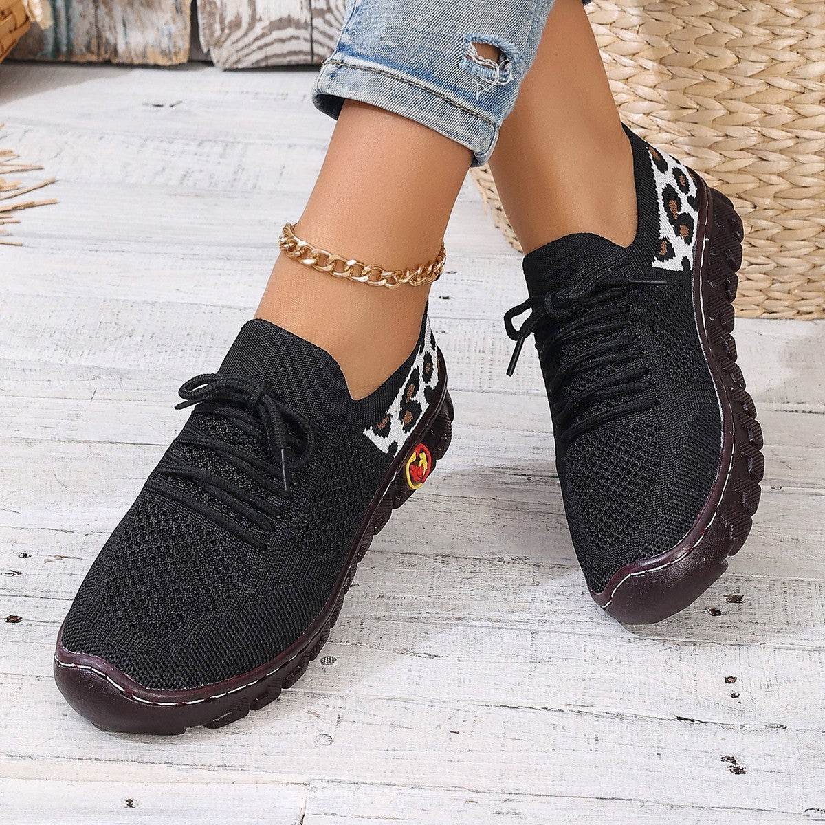 Leopard Print Round Head Lace-up Flat Bottom Comfort Breathable Mesh Surface Shoes - Mubimart