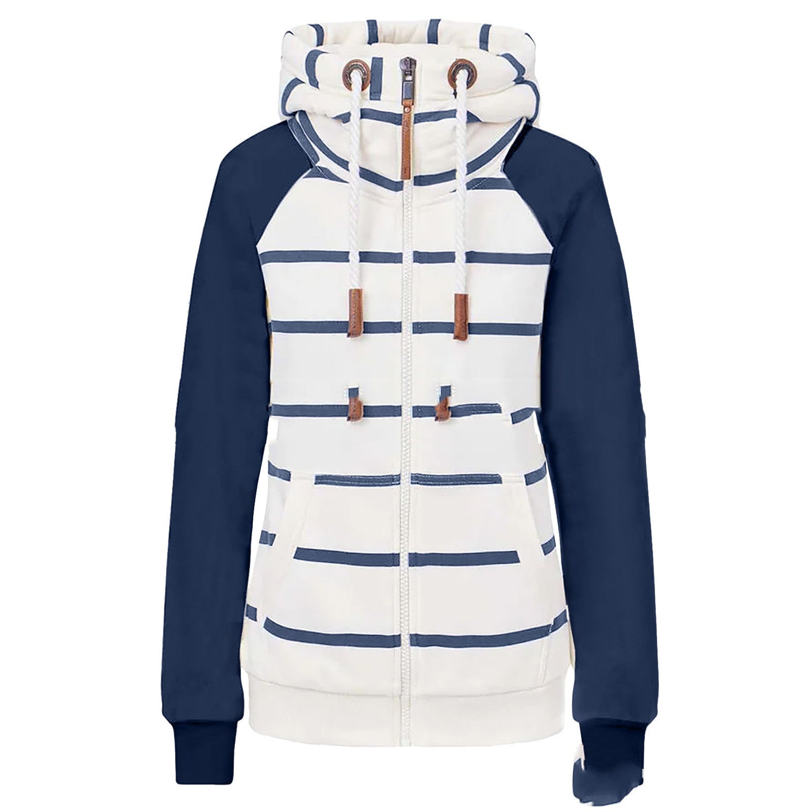 Ladies Striped Zipper Contrast Polyester Hoodie