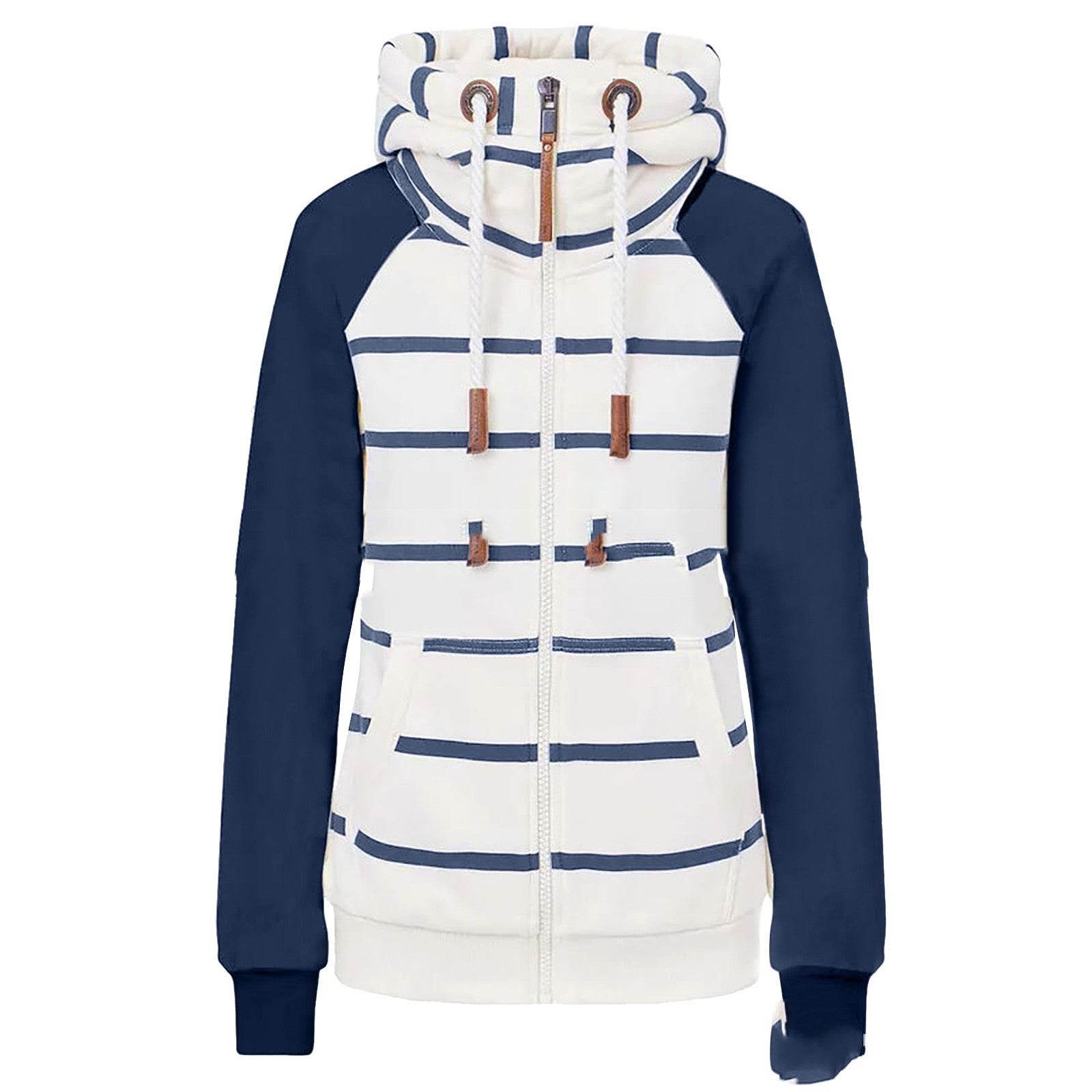 Ladies Striped Zipper Contrast Polyester Hoodie - Mubimart