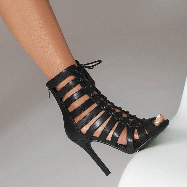 Summer Open Toed High Heel Lace-up Sandal Boots - Mubimart