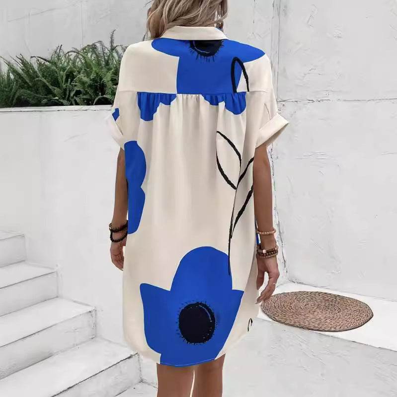 Plus Size Women's Printed Pleated Loose Shirt Dress - Mubimart