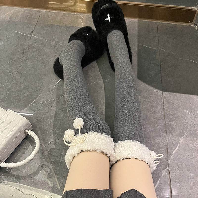 Lamb's Wool Black Knee-high Socks - Mubimart