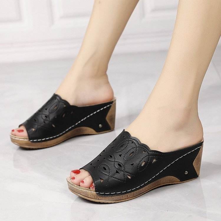Women's Stylish Peep Toe Slip-on Wedge Sandal - Mubimart