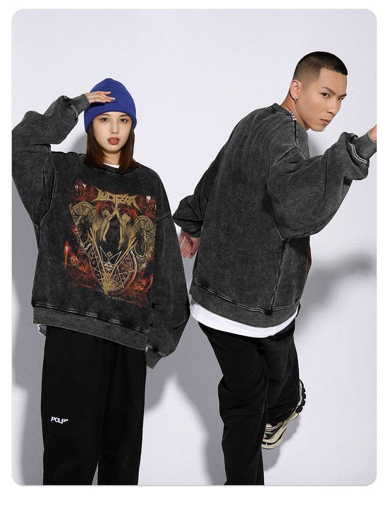 High Street Round Neck Sweater Mens Tide Brand Retro Wash Old Dark Print Loose - Mubimart