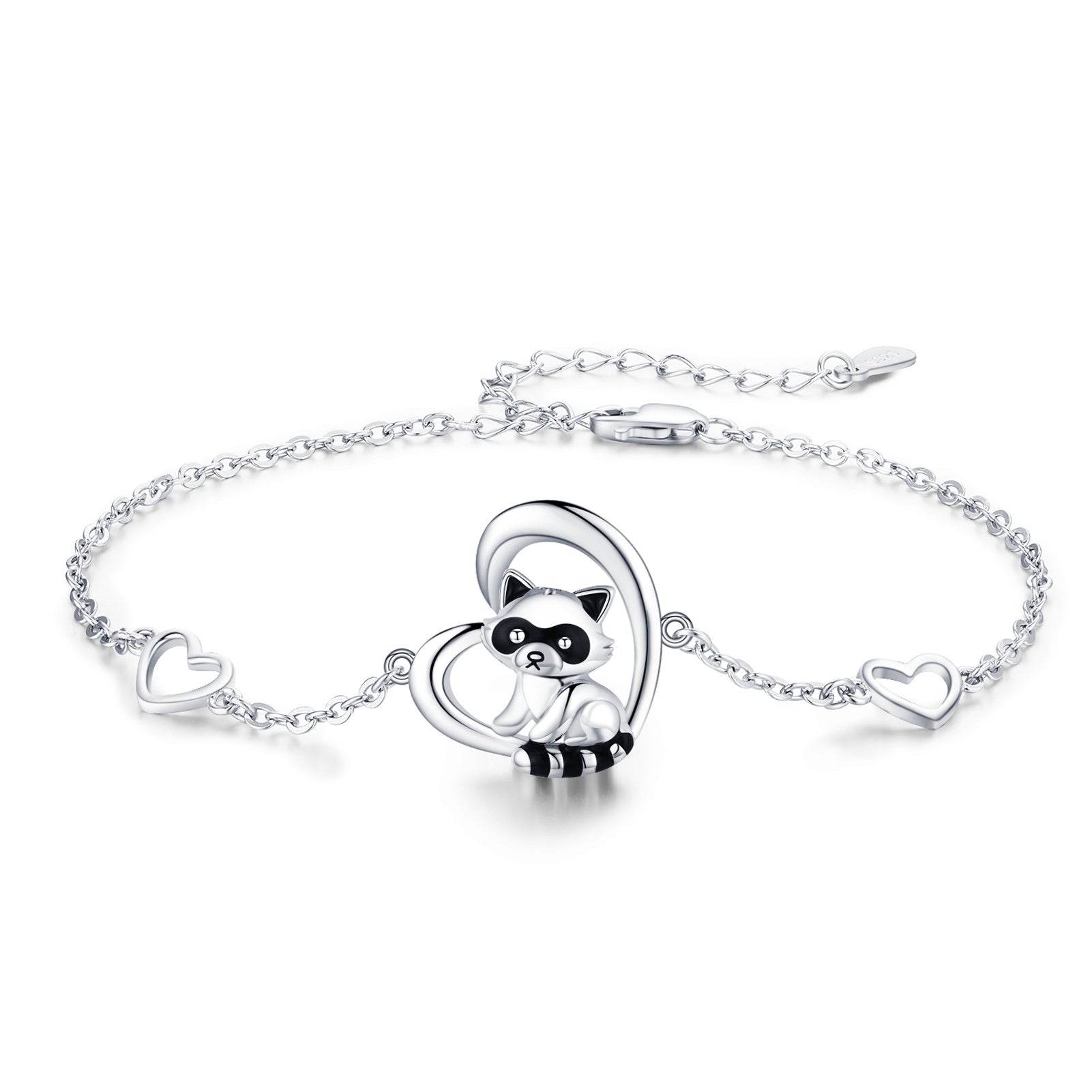 925 Sterling Silver Heart Charm Raccoon Bracelet Animal Jewelry Gifts For Women Girls Teen - Mubimart