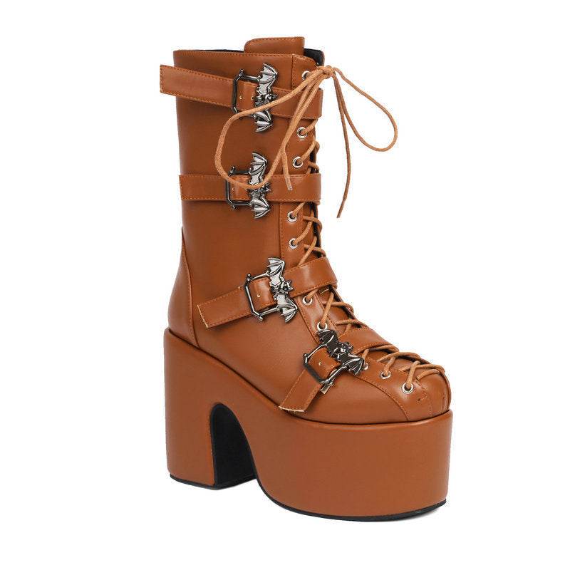 Hot Girl Punk Platform Martin Boots Women's Round Head Gothic Muffin Bottom Tall Knight Boots - Mubimart