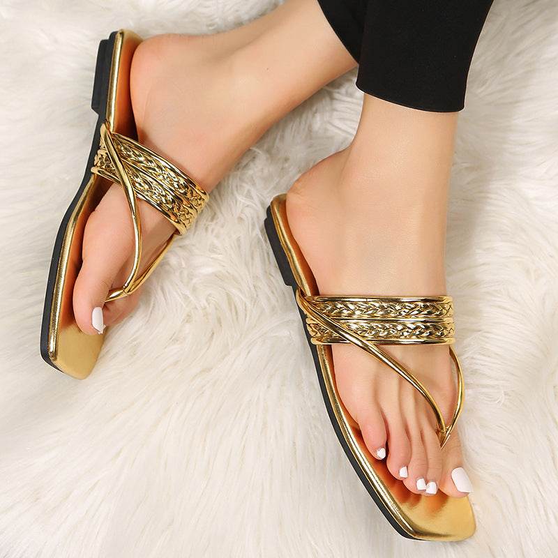 Gold Flat Sandals Summer Flip Flops Beach Shoes Non-slip Slides - Mubimart