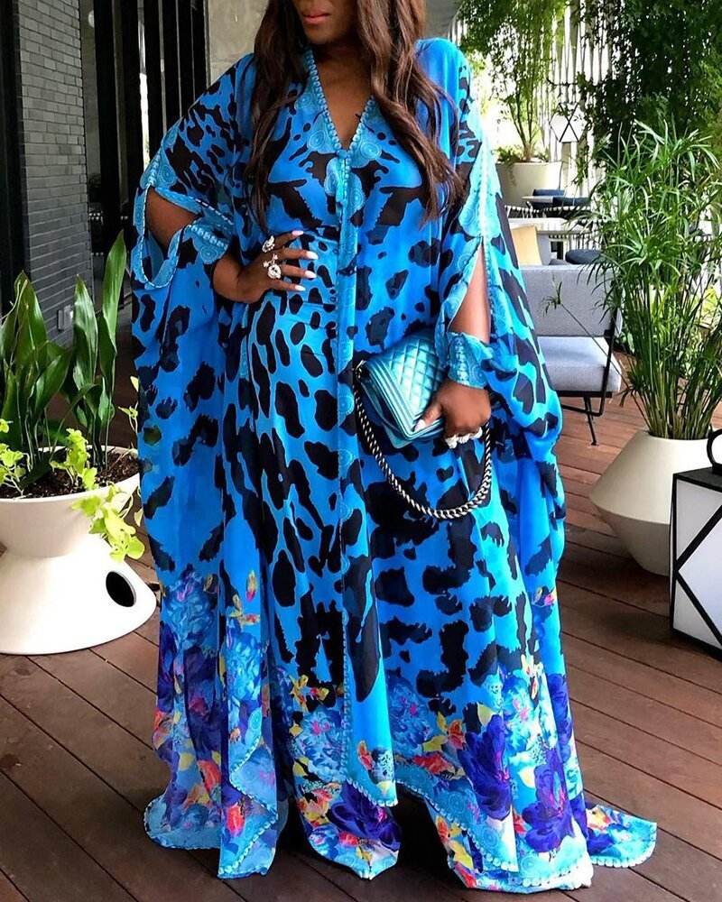 Large Size Women's Printed Loose High Waist Temperament Commuter Blue Maxi Dress - Mubimart