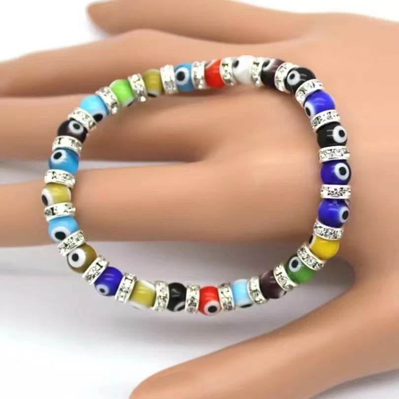 6mm Glass Beaded Alloy Diamond Beaded Elastic Bracelet for Women - Mubimart