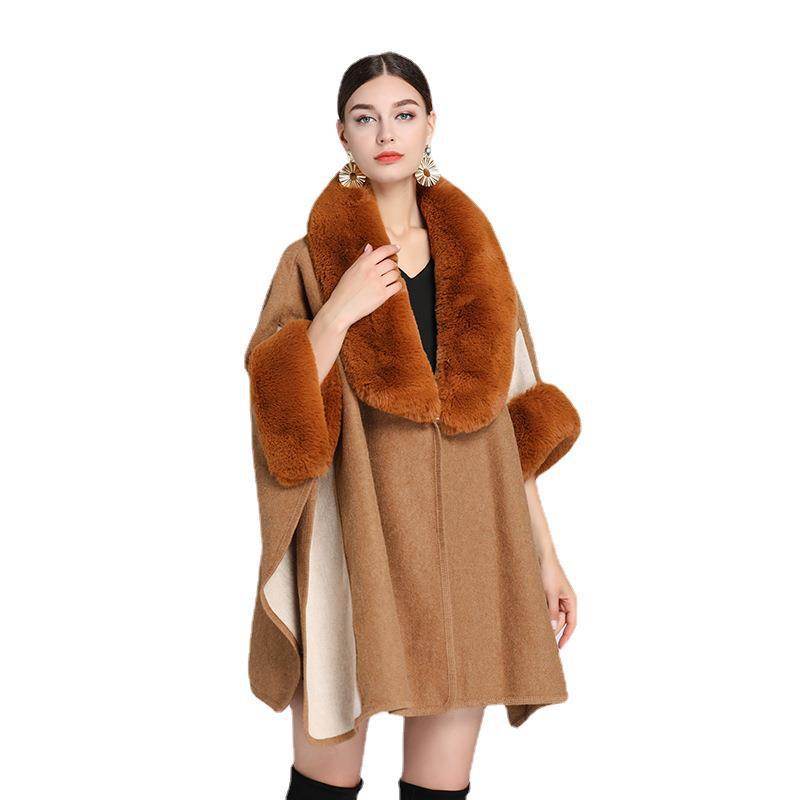Imitation Rex Rabbit Fur Collar Cape And Shawl Women's Plus Size Loose Woolen Coat - Mubimart