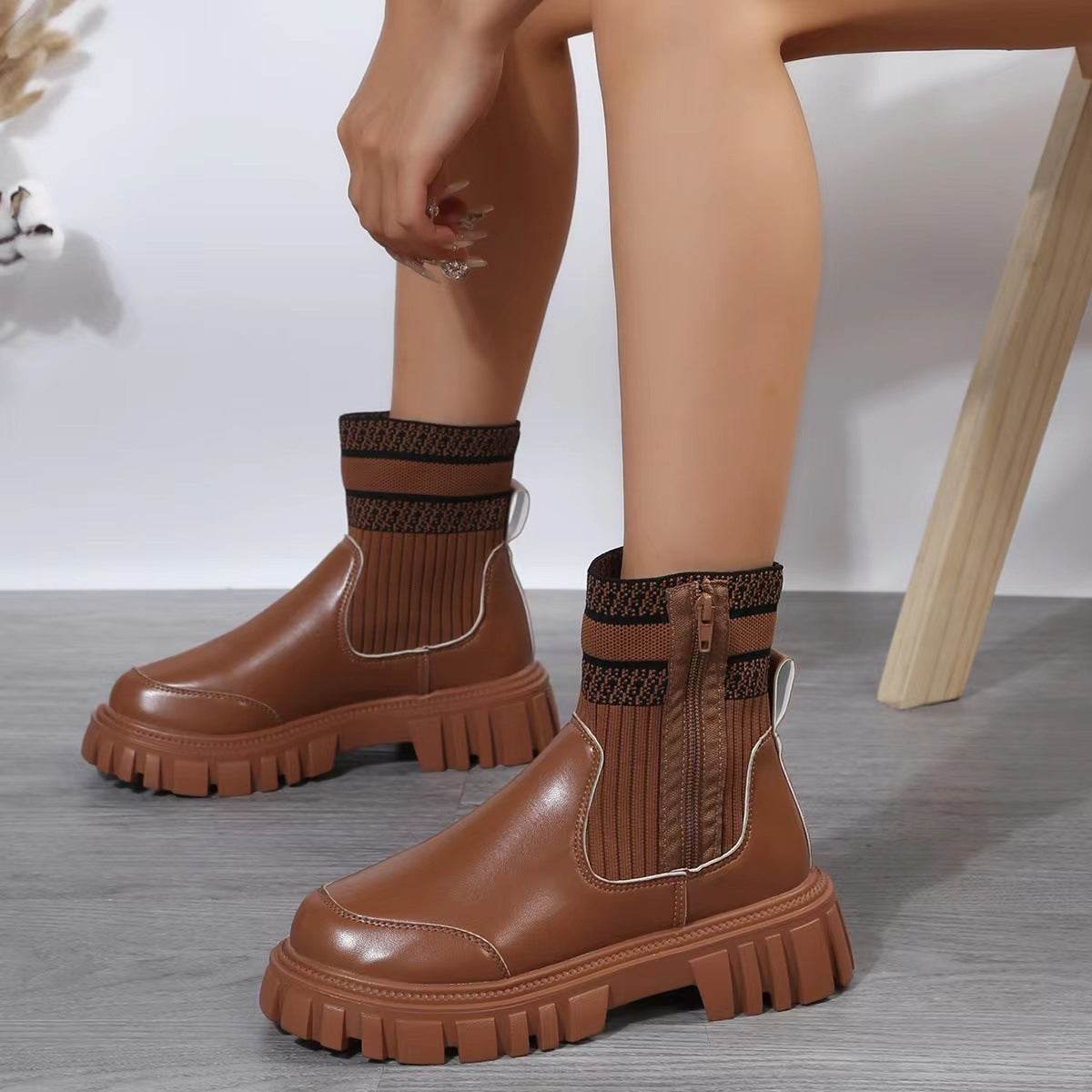Fashion Mid-tube Boots With Zipper Design Non-slip Thick Sole Elastic Knitted Patchwork Boots For Women Round Toe Shoes Winter - Mubimart