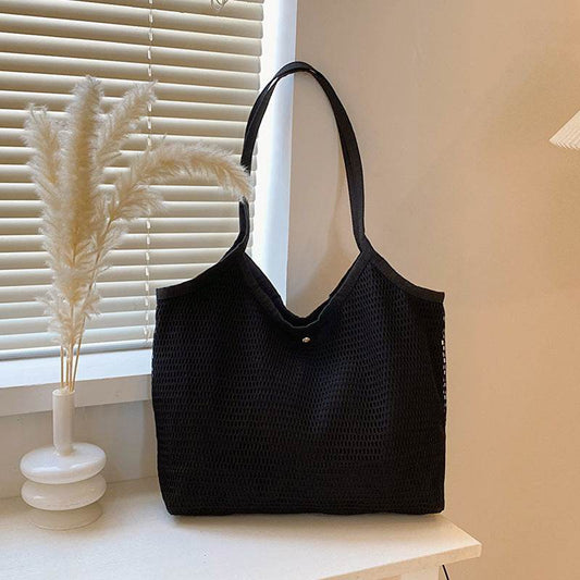 Women Mesh Tote Bag Solid Color Designer Ladies Casual Handbag Shoulder Bag Large Capacity Reusable Shopping Beach Bag - Mubimart