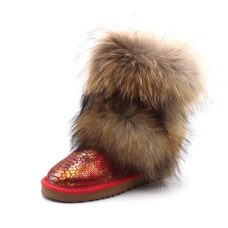 Women's Winter Mid-calf Fox Fur Snow Boots - Mubimart