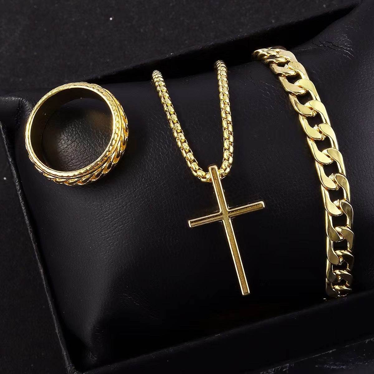 Men's Cross Necklace Ring Bracelet Suit - Mubimart