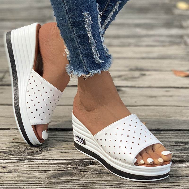 Fish Mouth Wedges Sandals Summer Fashion Hollow Design High Heels Slides Slippers Casual Beach Shoes For Women - Mubimart