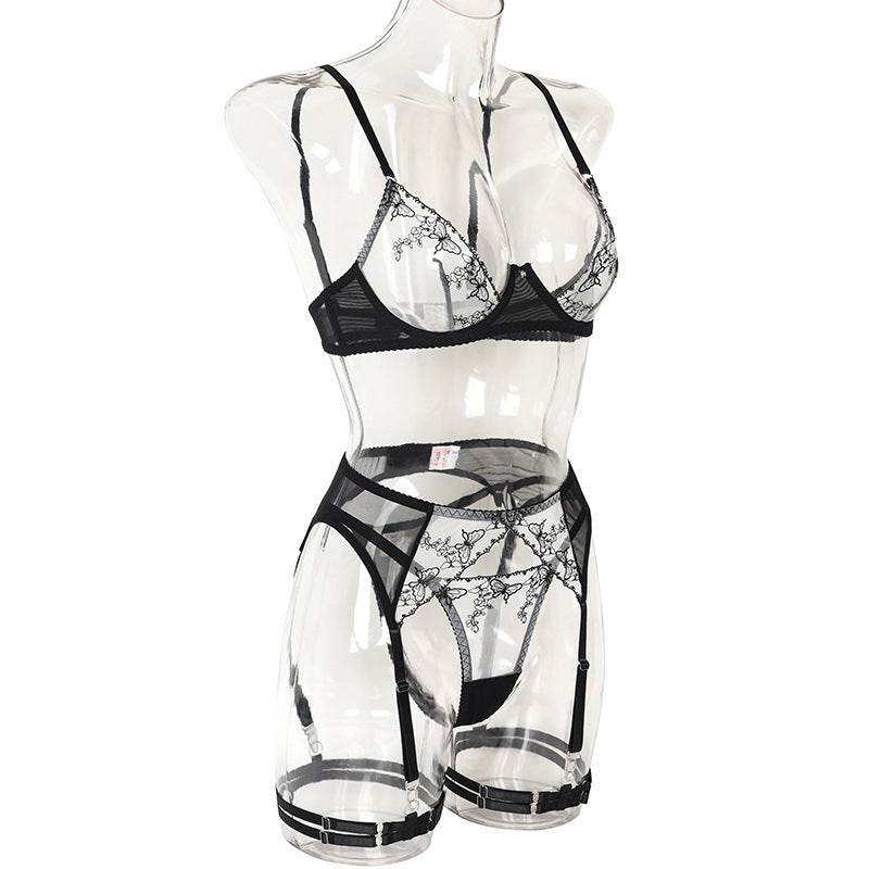 Embroidery Splicing Underwear And Garter Belt Set O - Mubimart