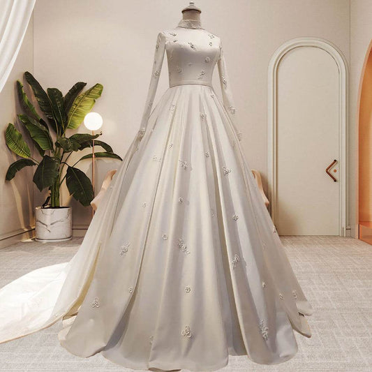 Women's Fashion Temperament Satin Stand-up Collar Long-sleeved Wedding Dresses - Mubimart