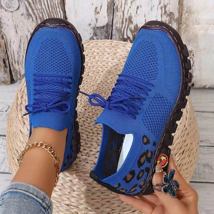 Leopard Print Round Head Lace-up Flat Bottom Comfort Breathable Mesh Surface Shoes - Mubimart