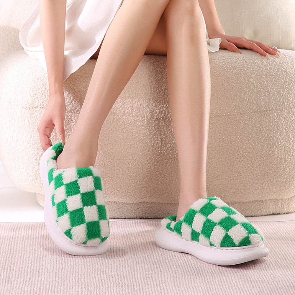 Checkerboard Plus Velvet Thick Cotton Slipper - Mubimart
