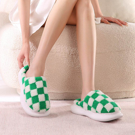 Checkerboard Plus Velvet Thick Cotton Slipper - Mubimart