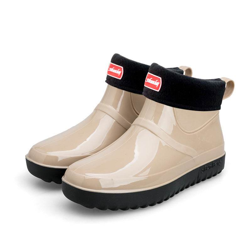 Four Seasons Rain Boots Women Short Tube Plus Velvet Rain Boots Fashion Waterproof Shoes - Mubimart