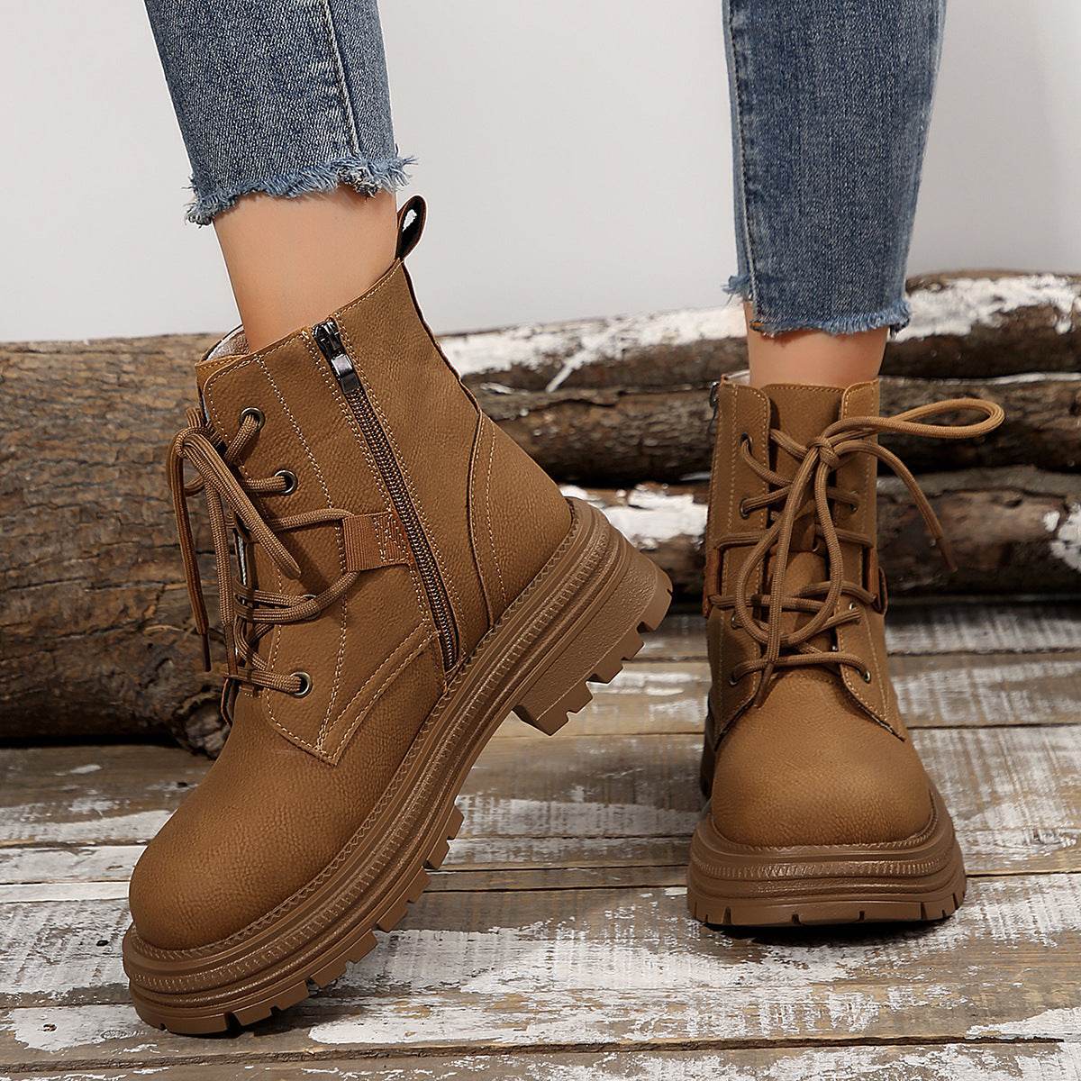 Square-heeled Lace-up Boots For Women Fall Winter All-match Slim Shoes Fashion Ankle Boot - Mubimart