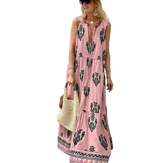 Women's Sleeveless Midi Printed Dress - Mubimart