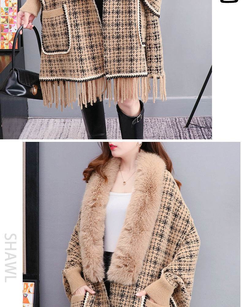 Autumn And Winter New Imitated Mink Cashmere Fur Collar Cape And Shawl Plus Size Tassel Knitted Cardigan - Mubimart