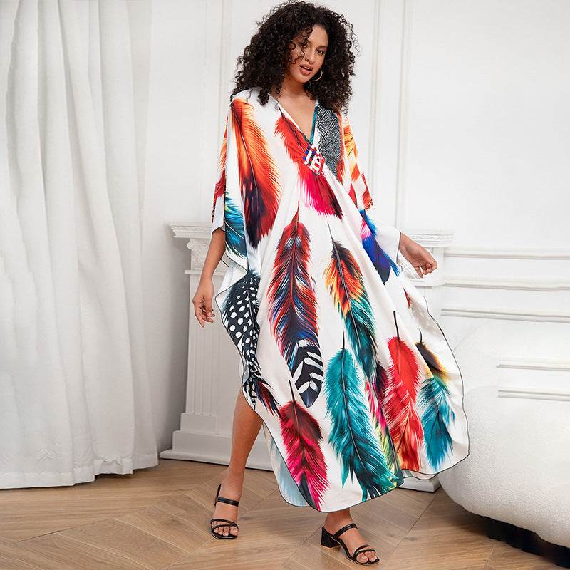 Print Holiday Loose Plus Size Robe Beach Cover-up Dress - Mubimart
