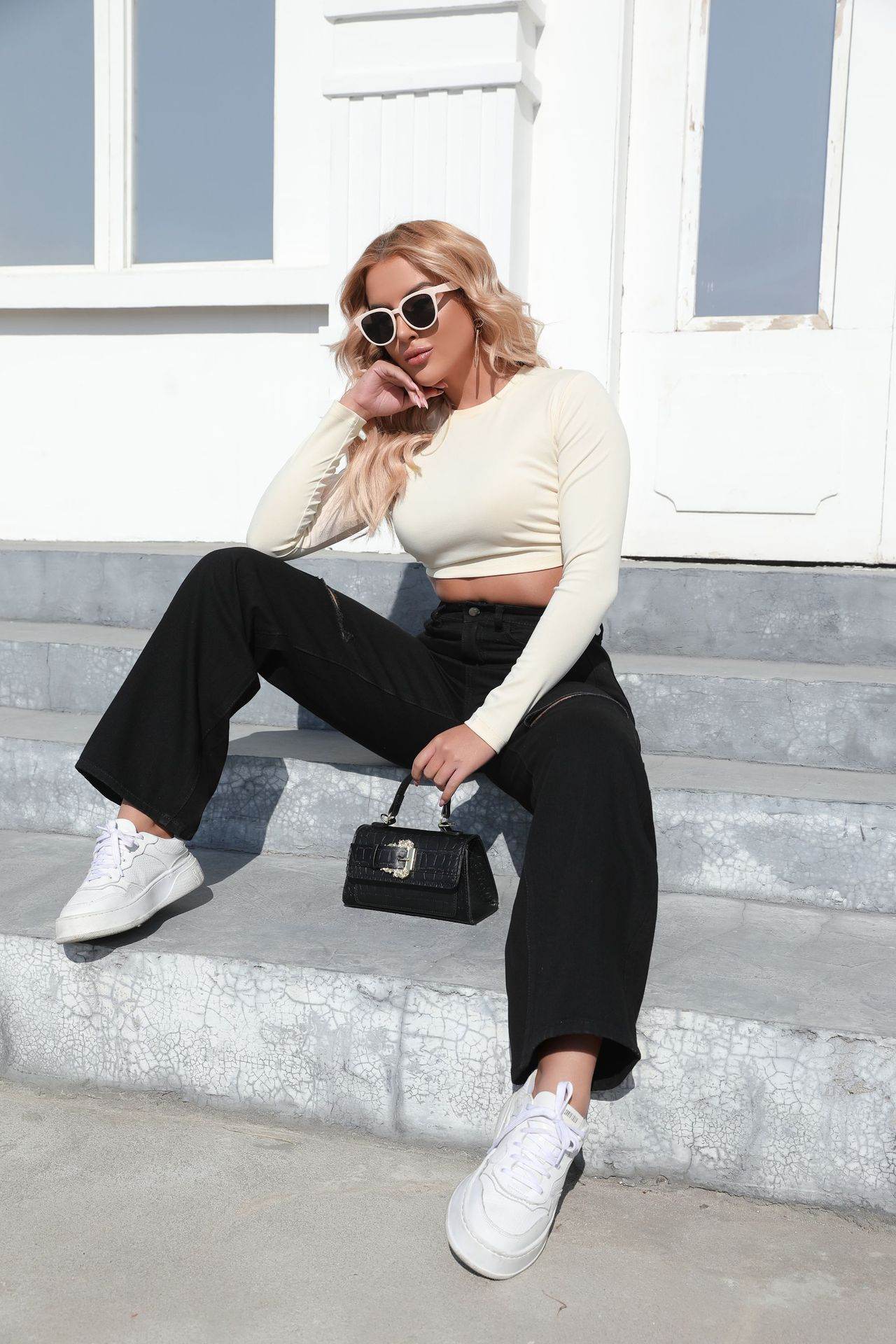 Elegant Ripped Wide-leg Jeans Women - Mubimart