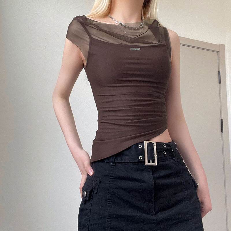 Mesh Spliced Irregular Strap Tank Top For Women - Mubimart