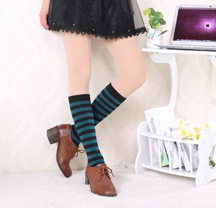 Japanese Women's Mid Tube Socks Pinstripe Knee Socks - Mubimart