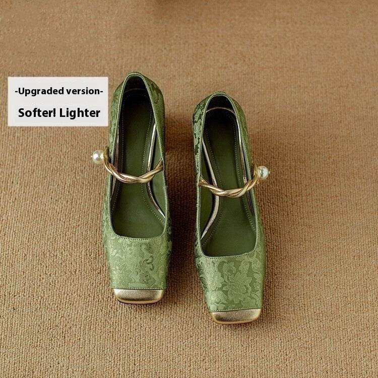 Chinese Style French Entry Lux Embossed Silk Kitten Heels Matching Square Head With Thick - Mubimart