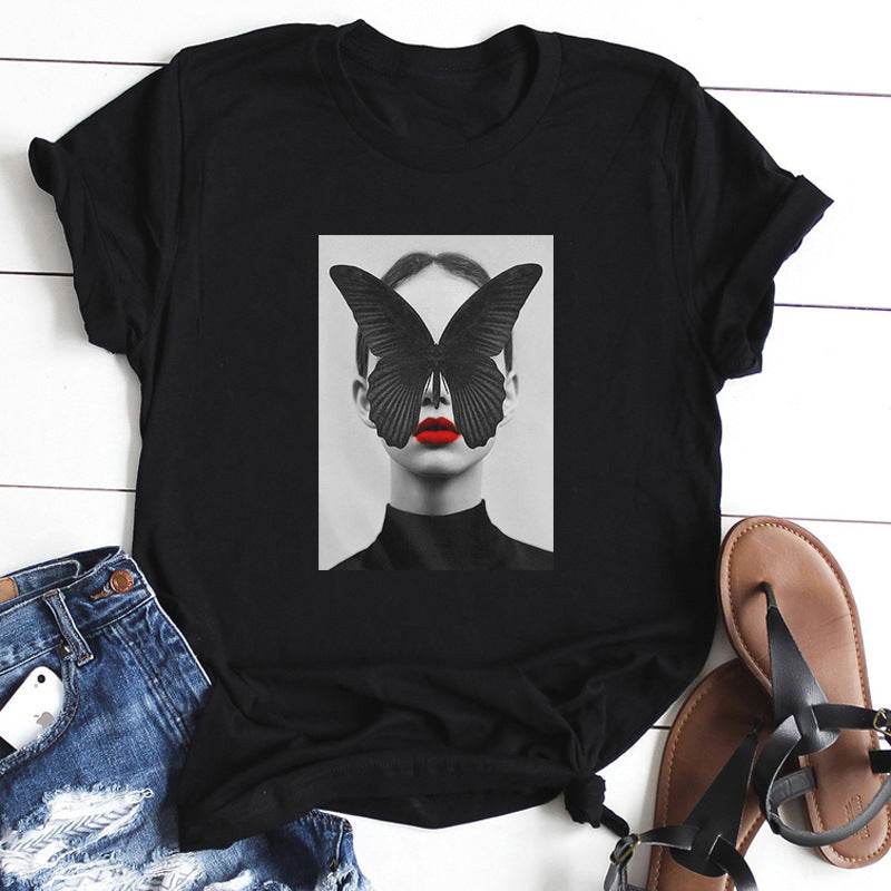 Top Feather Butterfly T-shirt For Women - Mubimart