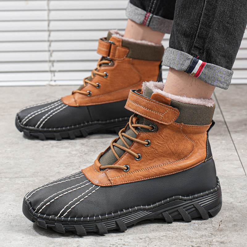 Winter Fleece Lace-up Snow Boots For Men Women Waterproof And Anti-slip Outdoor Work Boot Fashion Warm Mid-tube Cotton Shoes Men - Mubimart
