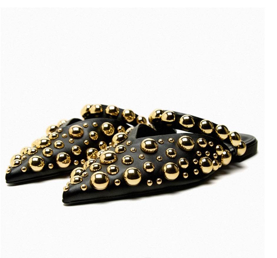Versatile Rivet Pointed Toe Sandals Flat Toe - Mubimart