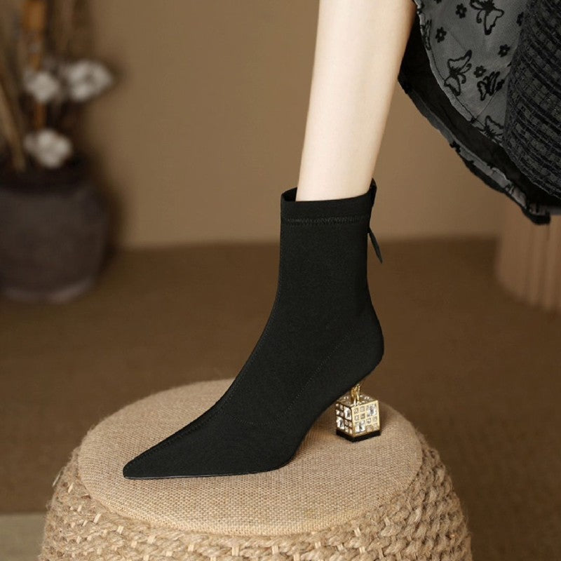 Women Pointed Toe Mid-calf High-heeled Skinny Boots