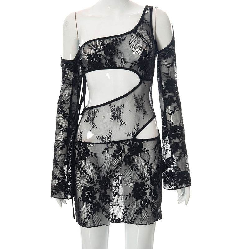 Fashion Lace Nightwear One Shoulder Long Sleeve - Mubimart