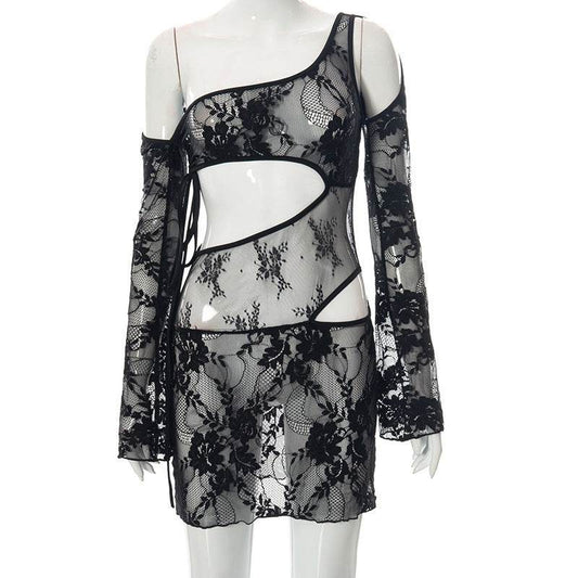 Fashion Lace Nightwear One Shoulder Long Sleeve - Mubimart