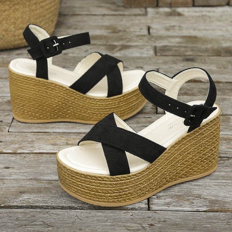 Wedge Sandals For Women Summer Casual Non-slip Cross-strap Platform Shoes With Hemp Heels Shoes - Mubimart