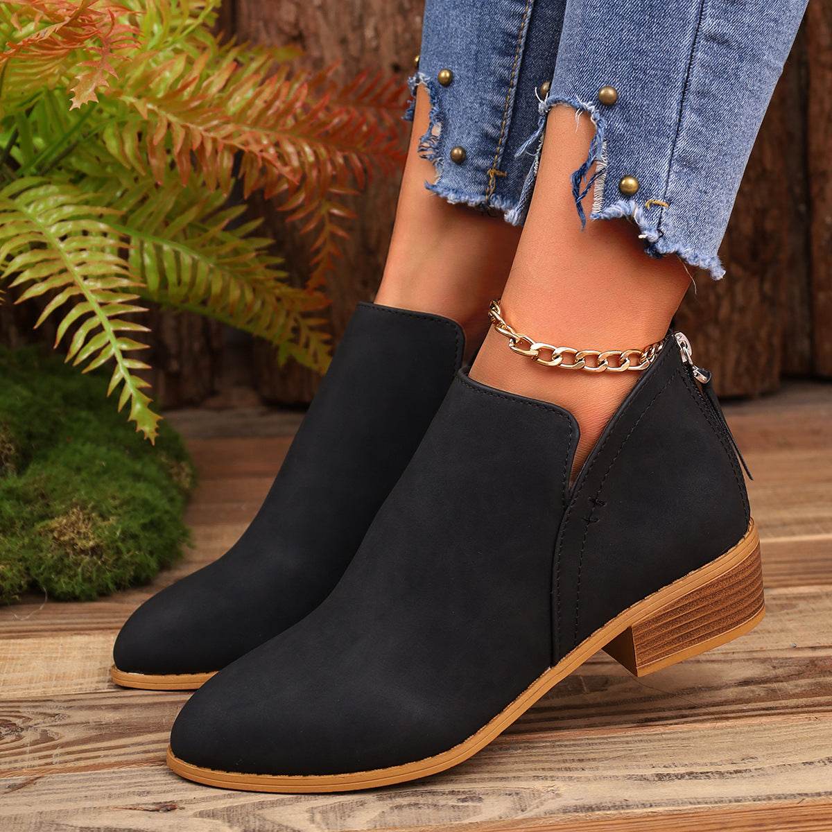 Chunky Heel Pointed Toe Ankle Boots With V-cut Design Fashion Fall Winter Short Boots For Women Shoes - Mubimart