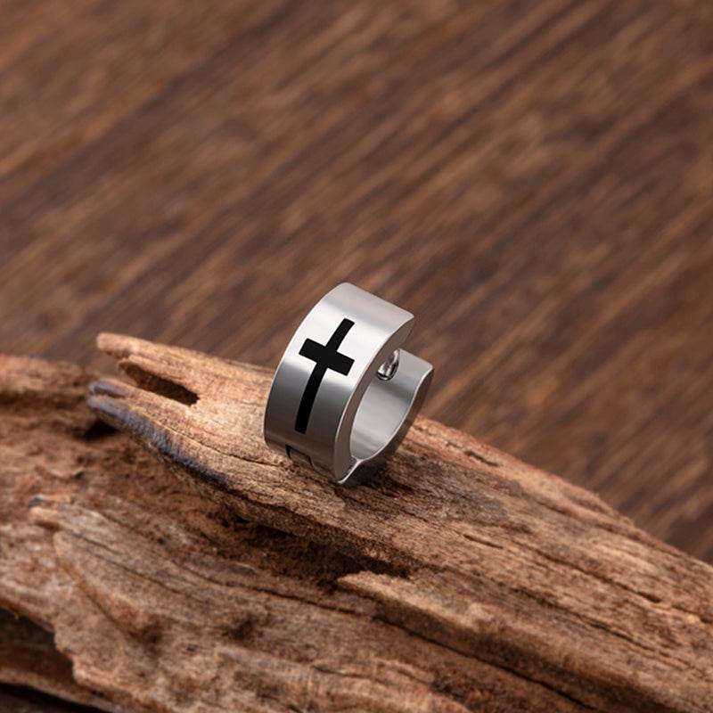 Black Silver Stainless Steel Cross Stud Earrings For Men - Mubimart